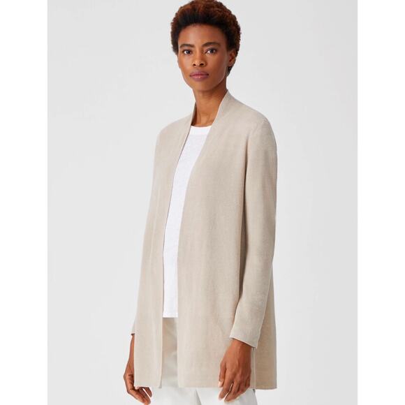 Eileen Fisher Natural Organic Linen Simple Long Cardigan Beige Size M Medium - Picture 1 of 7